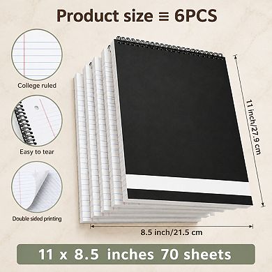6 Pack Top Spiral Bound College Ruled Notebooks Stiff Cover Double Sided