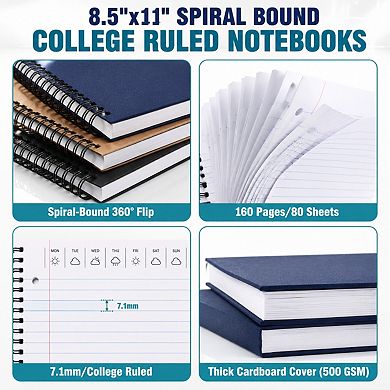 3 Pack Spiral Lined Notebooks College Ruled 160 Pages Thick Smooth Paper For Work School Travel