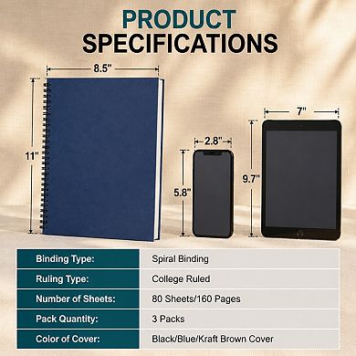 3 Pack Spiral Lined Notebooks College Ruled 160 Pages Thick Smooth Paper For Work School Travel