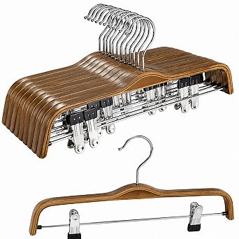 Slim Wood Pants Skirt Hangers 10 Pack Anti Rust Hook Adjustable Clips 360 Swivel Hook