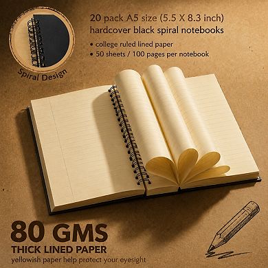 20 Pack A5 Spiral Notebooks Bulk College Ruled Hardcover Lined Writing Journals