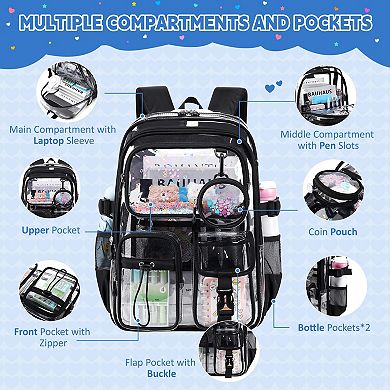Heavy Duty Clear School Backpack Multi Compartment Transparent Bookbag