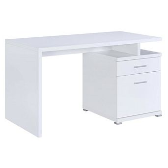 FurniFact White 2-Drawer Office Computer Desk With Contemporary Style And Silver Finish