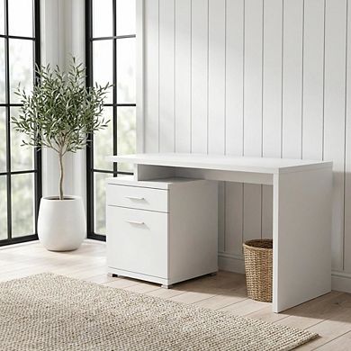 FurniFact White 2-Drawer Office Computer Desk With Contemporary Style And Silver Finish