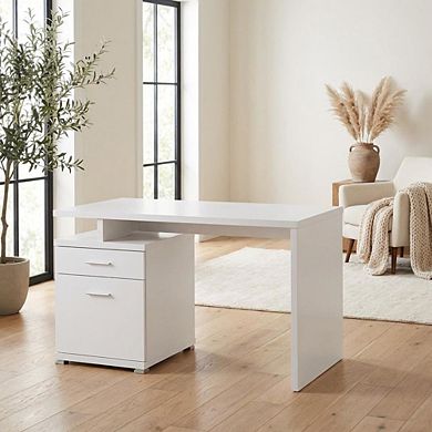 FurniFact White 2-Drawer Office Computer Desk With Contemporary Style And Silver Finish