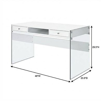 FurniFact White High Gloss 48-Inch Office Desk With 2 Drawers, Contemporary Style
