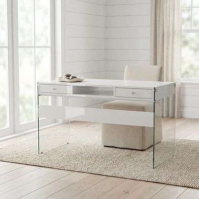 FurniFact White High Gloss 48-Inch Office Desk With 2 Drawers, Contemporary Style