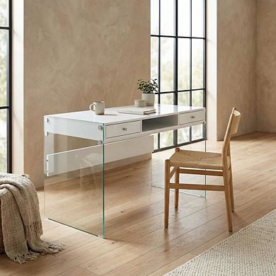 FurniFact White High Gloss 48-Inch Office Desk With 2 Drawers, Contemporary Style