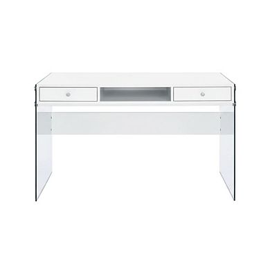 FurniFact White High Gloss 48-Inch Office Desk With 2 Drawers, Contemporary Style