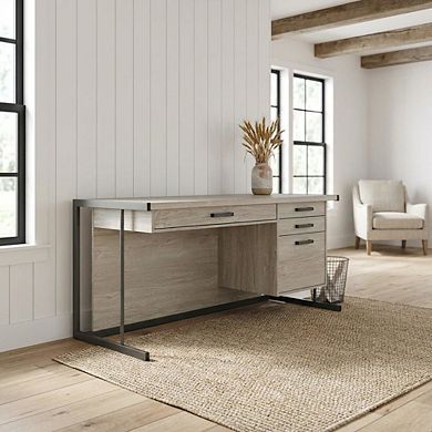 FurniFact Greywashed 4-Drawer Computer Desk With Contemporary Style And Rectangular Shape