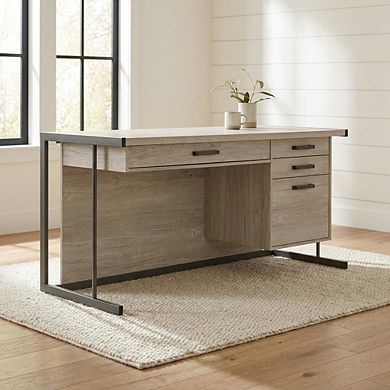 FurniFact Greywashed 4-Drawer Computer Desk With Contemporary Style And Rectangular Shape