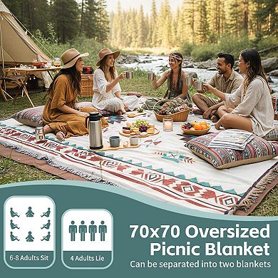 2 in 1 Extra Large Outdoor Picnic Mat Woven Summer Blanket Boho Jumbo Beach Trip