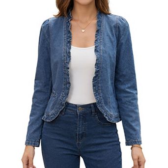Womens Ruffled Denim Jacket Long Sleeve Open Front Jean Jackets for Spring Fall Outfits