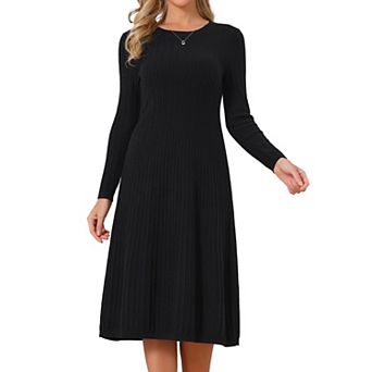 Women's Sweater Dress Long Sleeve A Line Fall Winter Crew Neck Ribbed Knit Midi Dresses
