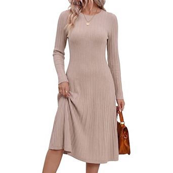 Women's Sweater Dress Long Sleeve A Line Fall Winter Crew Neck Ribbed Knit Midi Dresses