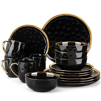 16 pc Porcelain Dining Set with Gold Rim for 4, incl. Dinner, Dessert, Bowls, Mugs