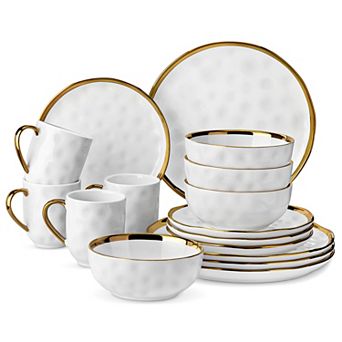 16 pc Porcelain Dining Set with Gold Rim for 4, incl. Dinner, Dessert, Bowls, Mugs