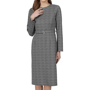 Women's Houndstooth Plaid Dress Long Sleeve Belted Business Office Pencil Dresses