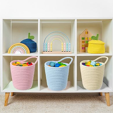Small Cotton Rope Woven Storage Basket, Shelf Closet Storage Gift Woven Baskets, Round with Handle