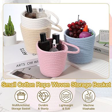 Small Cotton Rope Woven Storage Basket, Shelf Closet Storage Gift Woven Baskets, Round with Handle