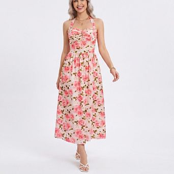Women's Floral Print Halter Smocked Back Midi Dress