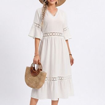 Women's V-Neck Lace Trim Bell Sleeve Midi Dress