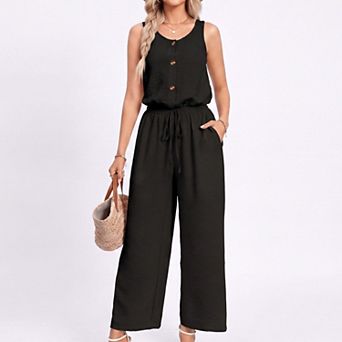 Women's Sleeveless Button Front Jumpsuit with Crochet Lace Back