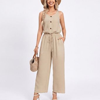 Women's Sleeveless Button Front Jumpsuit with Crochet Lace Back