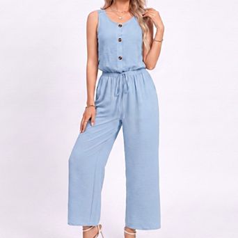 Women's Sleeveless Button Front Jumpsuit with Crochet Lace Back