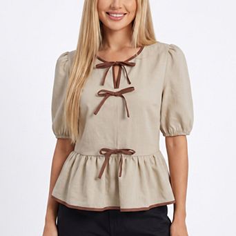 Women's Peplum Blouse Puff Short Sleeve Contrast Trim Woven Top