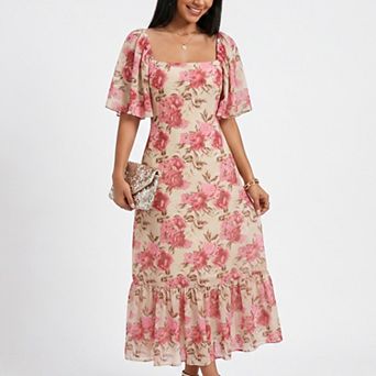 Women's Floral Midi Dress Square Neck Flutter Sleeve Ruffle Hem Dress