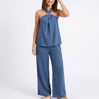 Women's 2 pc Set Halter Ring Top and Wide Leg Pants Matching Outfit