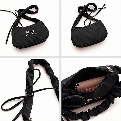 Womens Small Bow Embroidered Shoulder Bag with Ruched Strap and Zip Closure