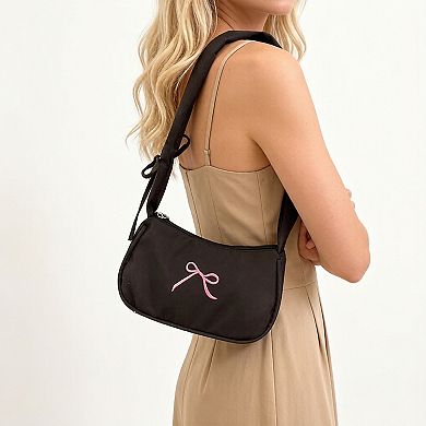 Womens Small Bow Embroidered Shoulder Bag with Ruched Strap and Zip Closure