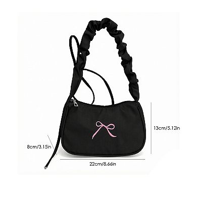 Womens Small Bow Embroidered Shoulder Bag with Ruched Strap and Zip Closure