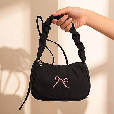 Womens Small Bow Embroidered Shoulder Bag with Ruched Strap and Zip Closure