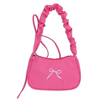 Womens Small Bow Embroidered Shoulder Bag with Ruched Strap and Zip Closure