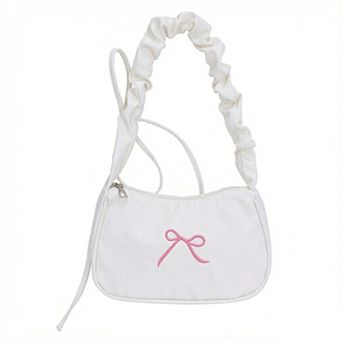 Womens Small Bow Embroidered Shoulder Bag with Ruched Strap and Zip Closure