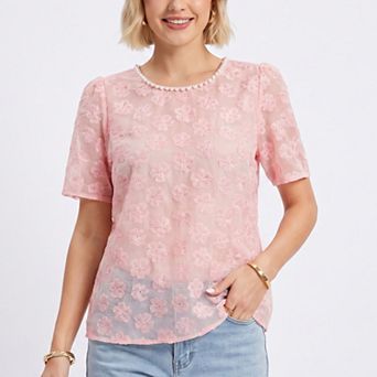 Women's Sheer Floral Embroidered Top Pearl Neckline Short Sleeve Blouse