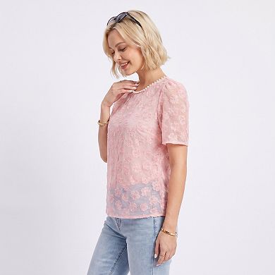 Women's Sheer Floral Embroidered Top Pearl Neckline Short Sleeve Blouse