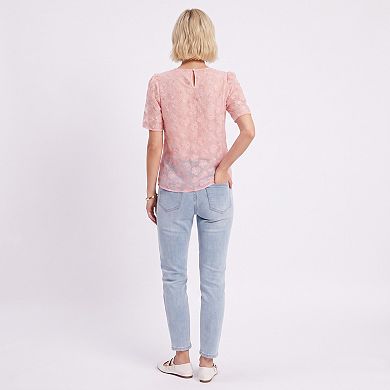 Women's Sheer Floral Embroidered Top Pearl Neckline Short Sleeve Blouse