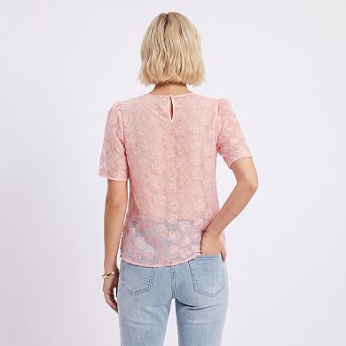 Women's Sheer Floral Embroidered Top Pearl Neckline Short Sleeve Blouse