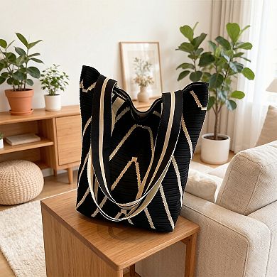 Womens Geometric Stripe Knit Tote Bag with Long Shoulder Straps
