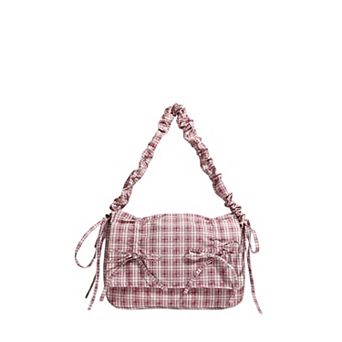 Plaid Shoulder Bag with Ruched Strap and Bow Detail