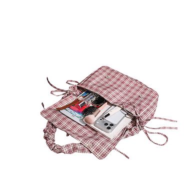 Plaid Shoulder Bag with Ruched Strap and Bow Detail