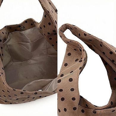 Womens Polka Dot Corduroy Hobo Shoulder Bag with Wide Strap and Interior Pockets