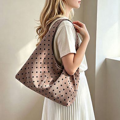 Womens Polka Dot Corduroy Hobo Shoulder Bag with Wide Strap and Interior Pockets