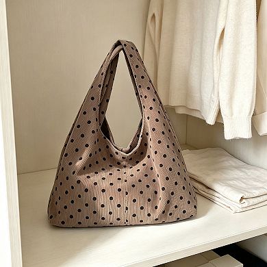 Womens Polka Dot Corduroy Hobo Shoulder Bag with Wide Strap and Interior Pockets