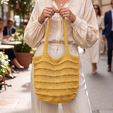 Womens Crochet Knit Tote Bag with Openwork Ruffle Design and Long Handles