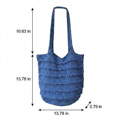 Womens Crochet Knit Tote Bag with Openwork Ruffle Design and Long Handles